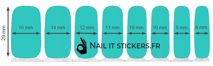 Taille des différents stickers à ongles sur la plaquette