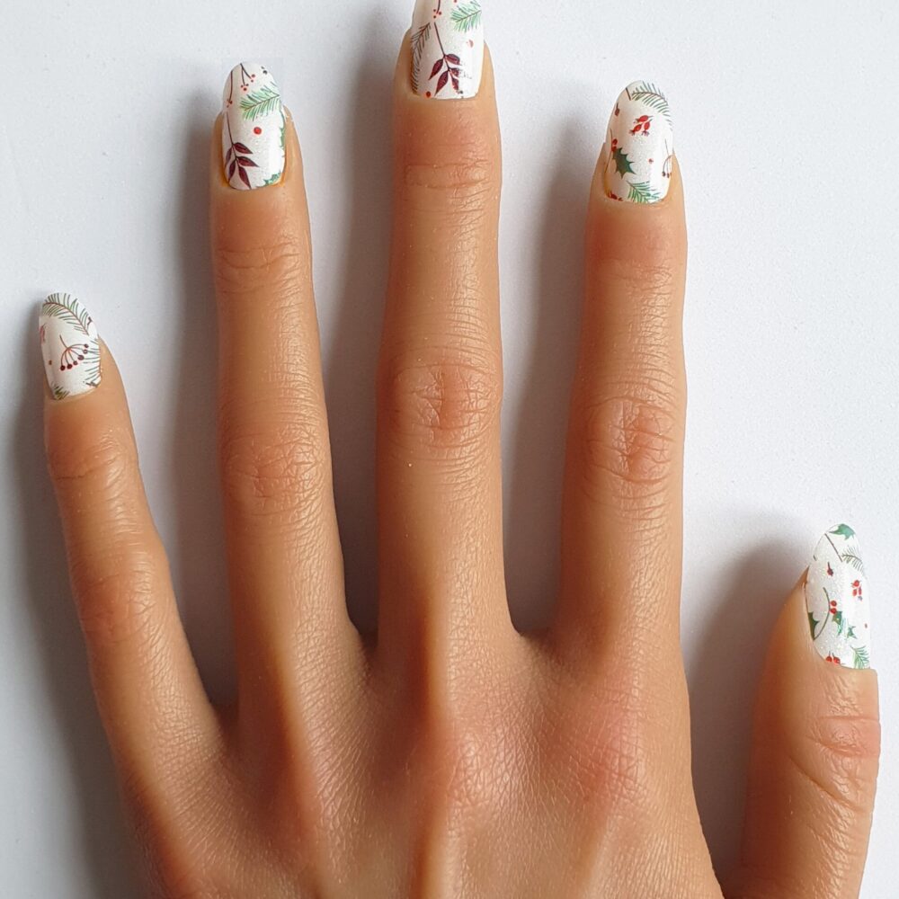 Stickers Nail Art Noël - Flocons Et Houx Blancs - Décorations Ongles - Fabriqué En France