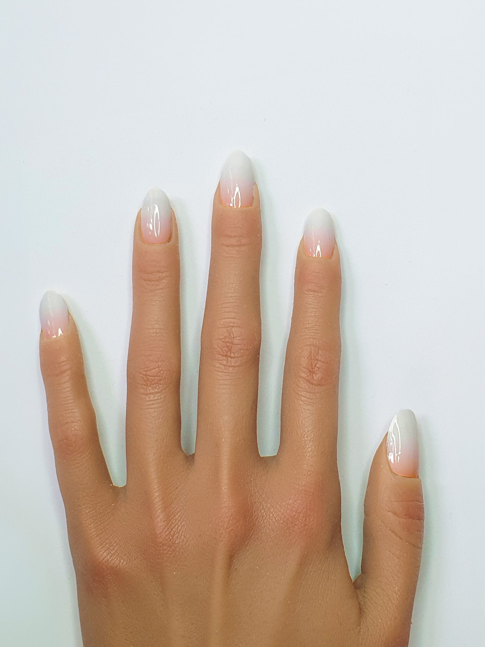 Ongles avec manucure Babyboomer, dégradé de rose et blanc.